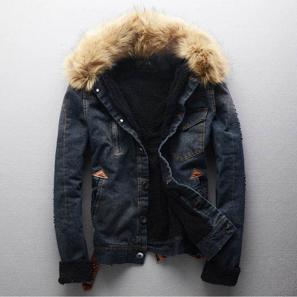 KEAIBAOBAO Men'S Thick Denim Jacket - Black Thicker Warm Denim Coats Men Casual Jean Jackets Winter Plus Size Fashion Warm Fur Collar Jean Coats Vintage Parkas Coats For Male