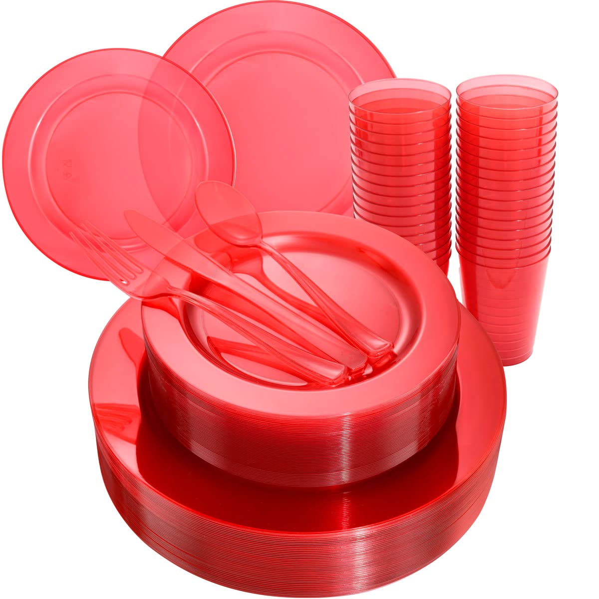 COLOSUS 36Guests Red Plastic Party Plates and silverware Disposable Dinnerware set Include Plastic dinner Plates dessert plates Silverware & cups for Wedding Party