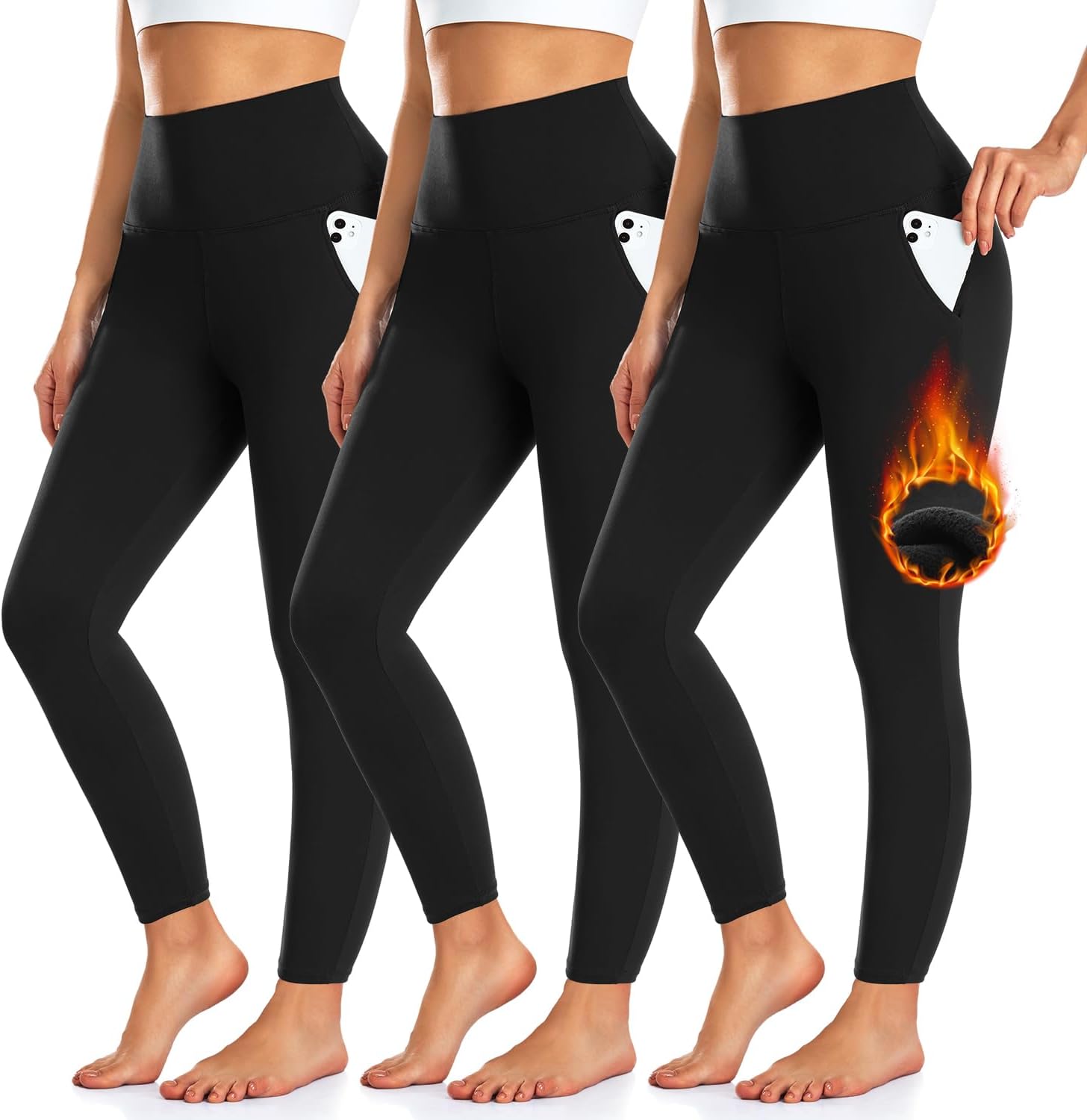 3 Pack Fleece Lined Leggings Women with Pockets -Warm Winter Yoga Pants for Women Thermal Running Workout Leggings Black*3 Small-Medium