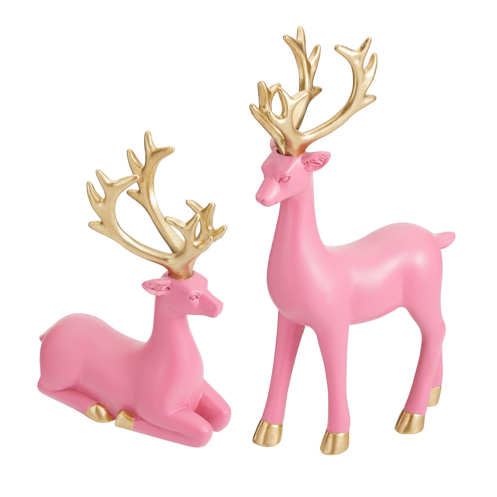 Cathery2PCS Reindeer Christmas Decoration, Christmas Reindeer Figurines Sitting Standing Deer Statues Sculptures Elk Ornaments for Home Office Table Décor (One Size, Pink)