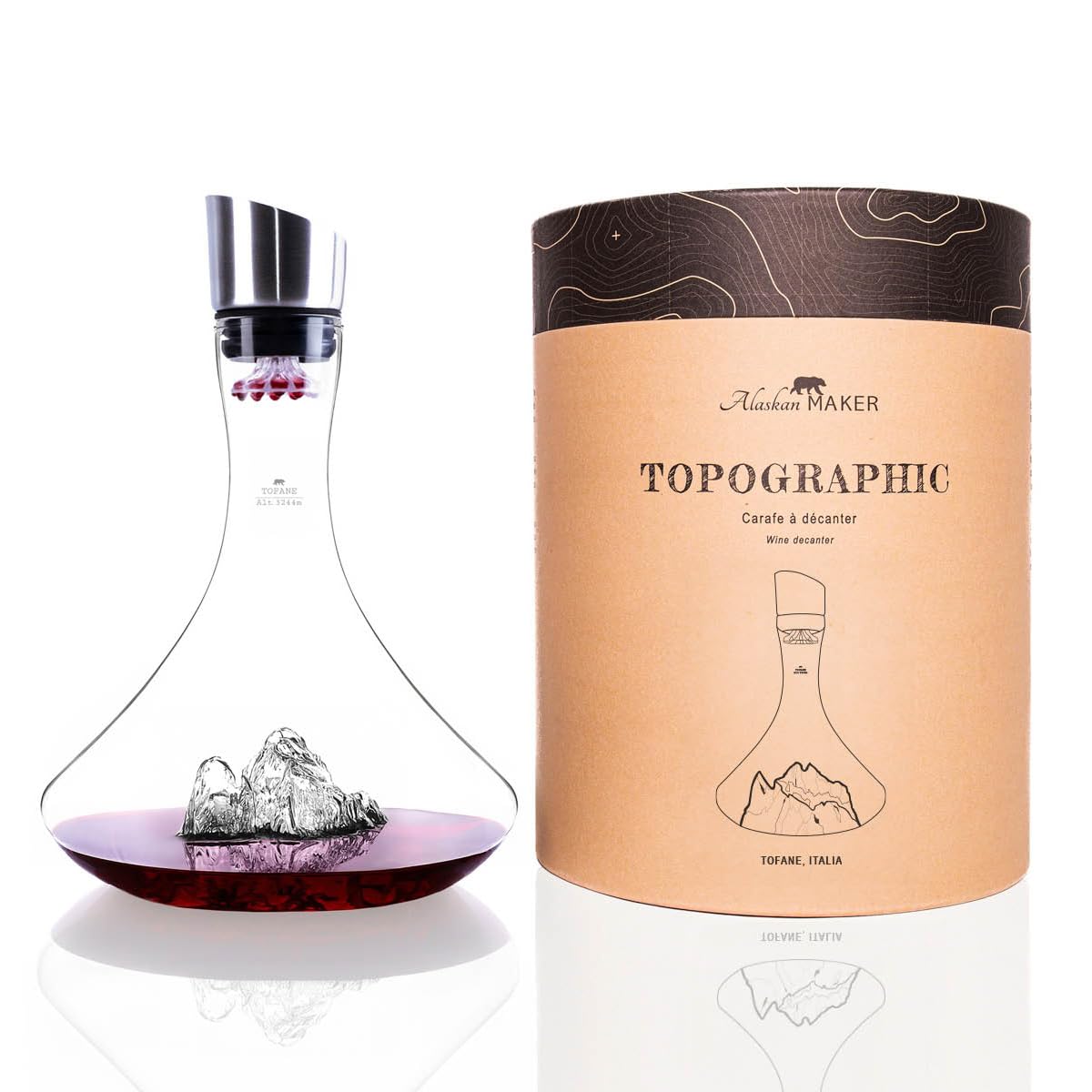 Wine Decanter 1.8 L | Premium Borosilicate Hand-Blown with Embossed Mountains | 3 in 1 Stopper (Filter, Aerator and Pourer) (Tofane) โ image 1