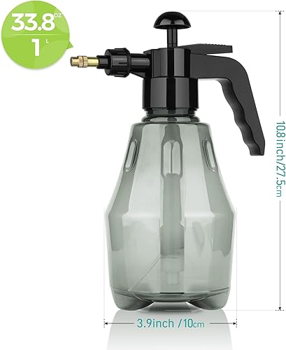 Miniatura 2 de T4U Botella pulverizadora de niebla fina de plástico gris de 1 litro, pulverizador de planta a presión de mano con bomba superior, regadera con