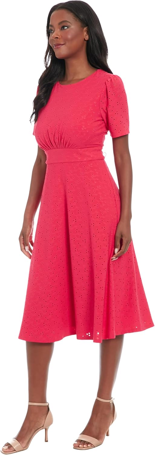 London Times Women's Eyelet Midi A-line Puff Sleeves-Gathered Waist Empire Cut-Wedding Guest Dress