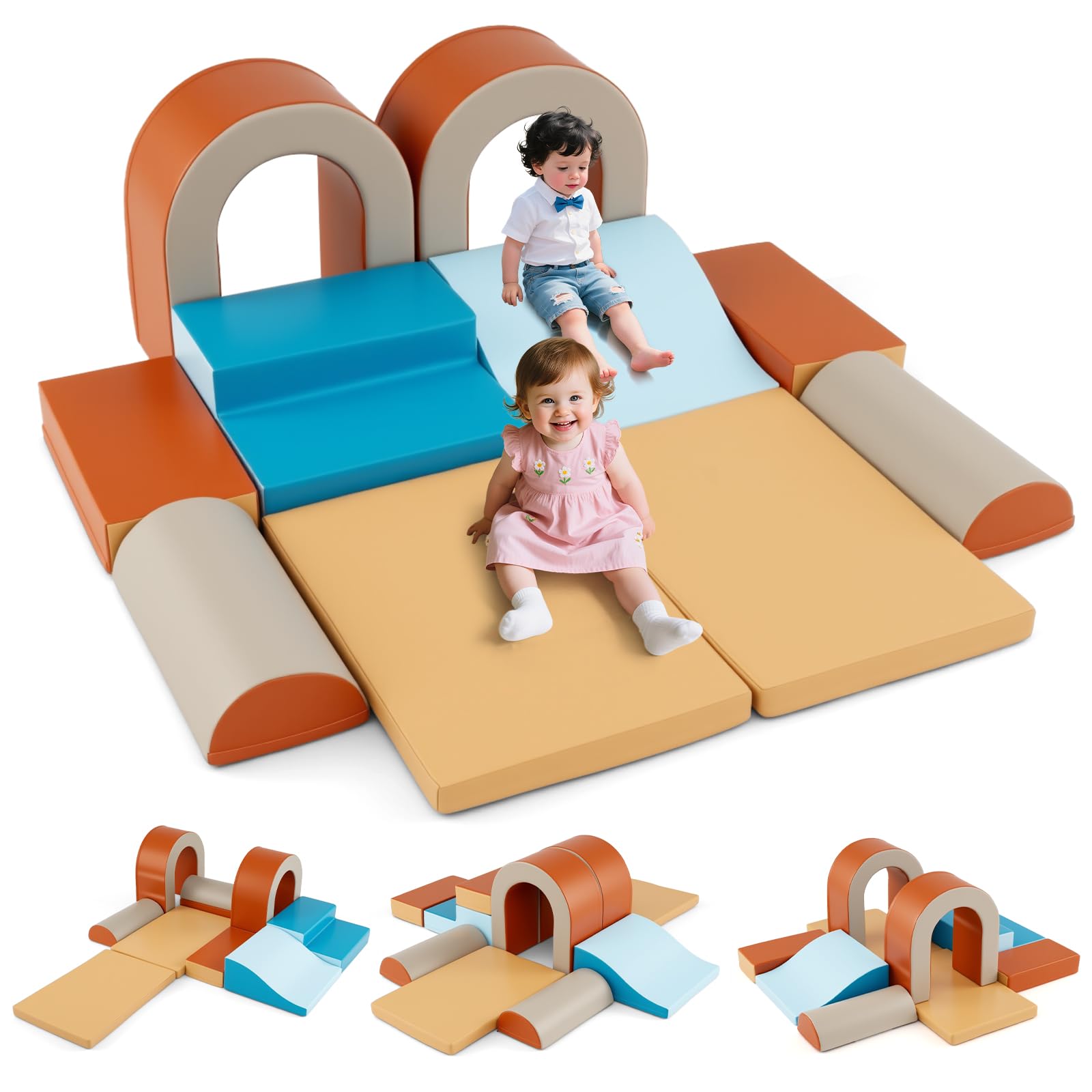 Kids Soft Play Set, 10 Pieces Baby Foam Climbing Blocks with PU Leather, Indoor Climb and Crawl Toddlers Activity Toys for Gym Playground (Brown)