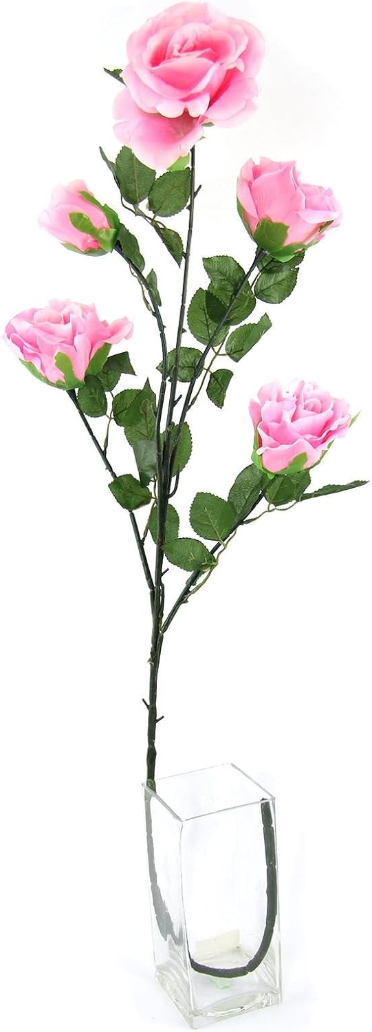 5 Head Large Open Rose Spray Artificial Silk Flowers Long Stemmed Home Garden[Mid Pink
