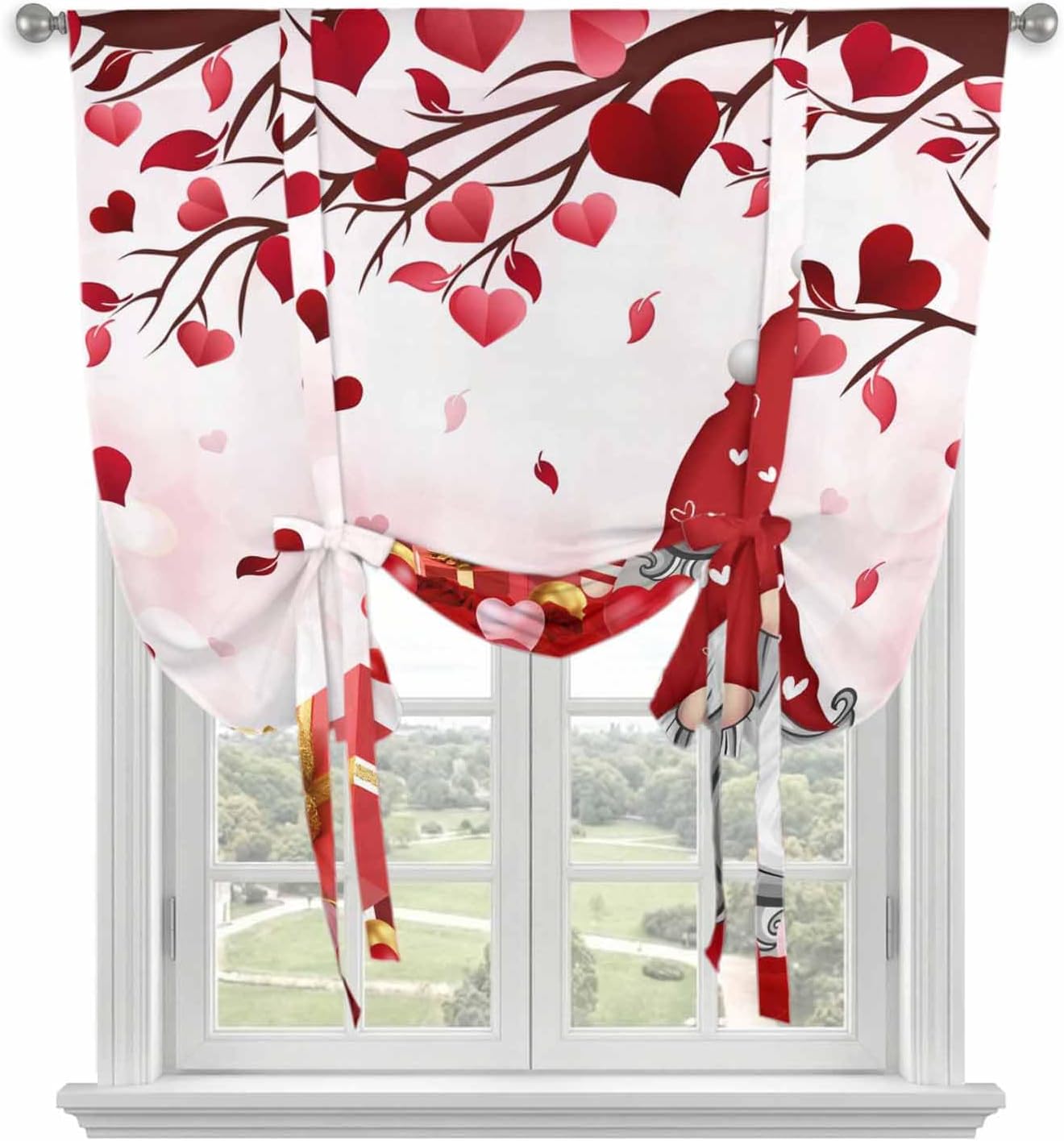 Red Valentine's Day Tie Up Curtains for Window, Gnomes Love Heart Branches Pink Thermal Insulated Balloon Shade Adjustable Rod Pocket Curtains Valance Panels for Kitchen Bathroom Café 52'' x 45''