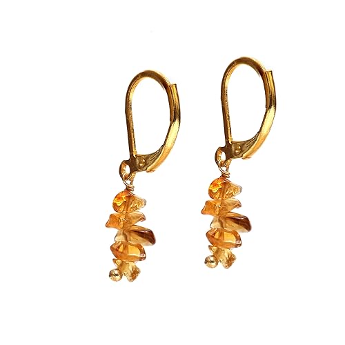 Gempires Citrine 5 chips Leverback Dangling Earrings for Women, Dangle Drop Crystals Earrings, Hoop Earrings, Gift for Her, November Birthstone,
