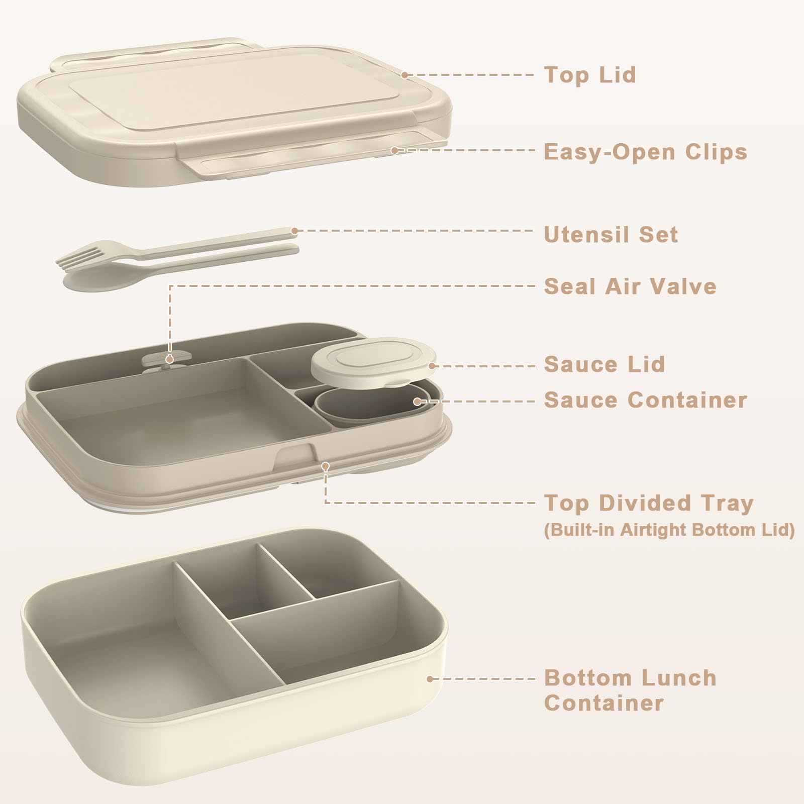 Caperci Stackable Bento Lunch Box for Adult & Teens - Reinforced Leak-Proof Lunch Container 4-Compartment with Utensils & Sauce Container, BPA-Free, Dishwasher/Microwave Safe, 47oz (Pale Mocha)