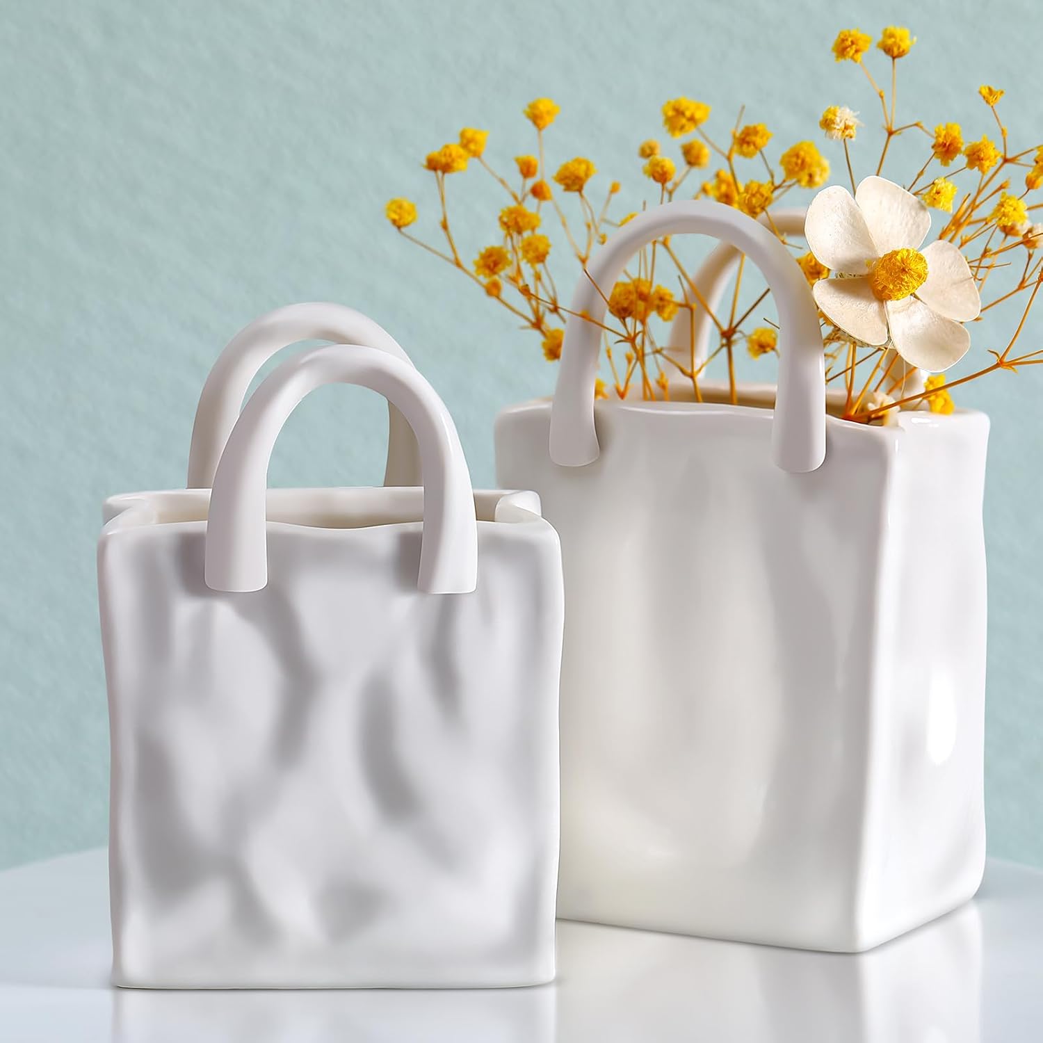 Mumufy 2 Pcs White Ceramic Handbag Vase for Modern Home