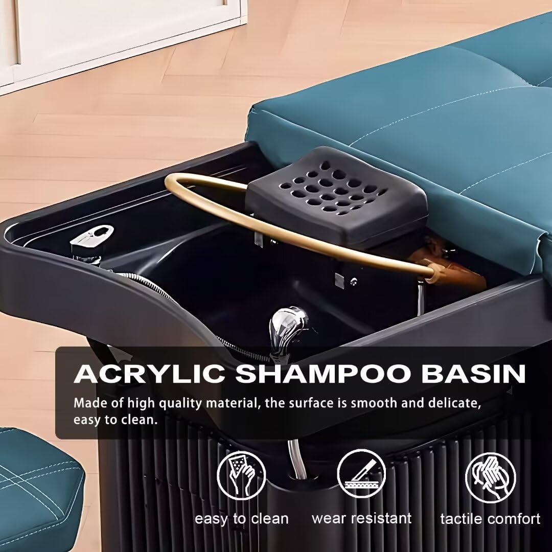 Lettino professionale per shampoo e massaggi con base a righe nere, attrezzatura per head spa, tavolo per trattamenti viso, sistema di circolazione dell'acqua e poggiatesta massaggiante, amp