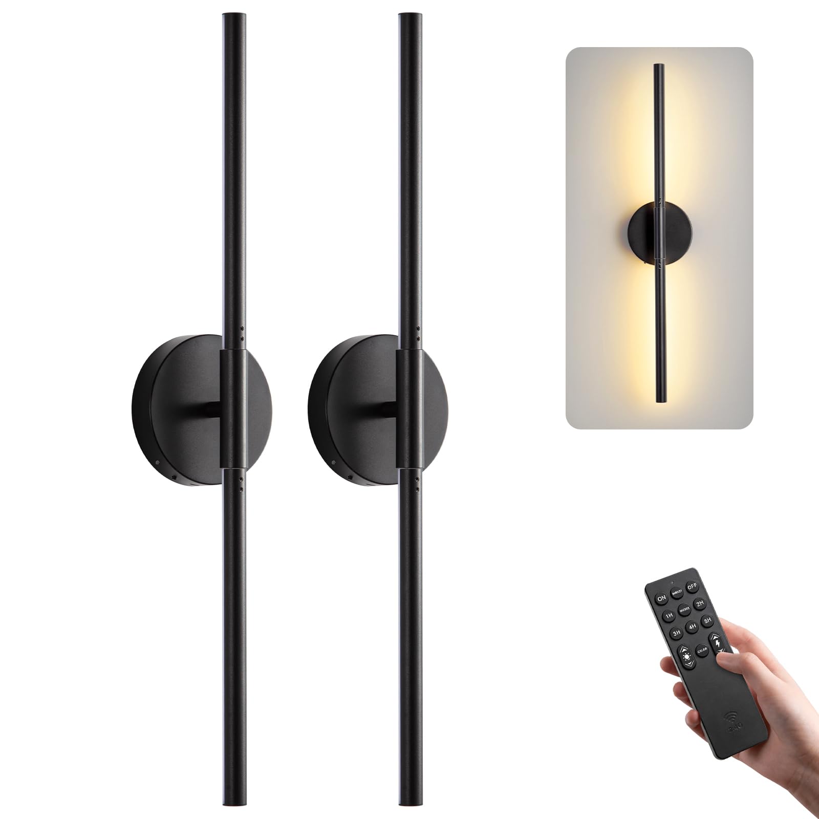 Photo 1 of Battery Operated Wall Sconces Set of 2, Modern Wireless Wall Lights with Remote & Touch Control, 24 Inch Black Dimmable Rechargeable LED Sconce with 3 Colors & Timer for Bedroom, Living Room, Hallway