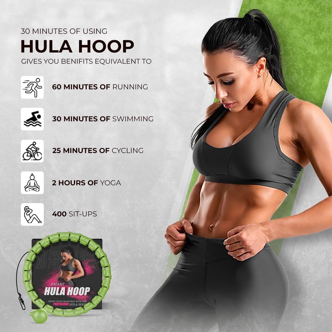 Active 100 Fitness Hula Hoops, Smart Weighted Hula Hoop for Adults, Adjustable Infinity Hoop with 360° Auto-Spinning Ball, Weight Loss Exercise Equipment for Home Use