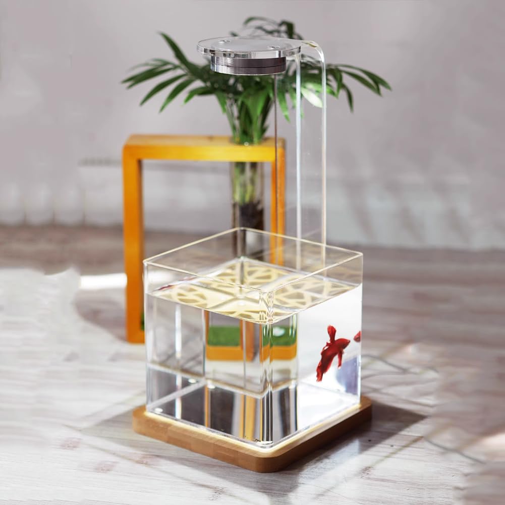 Acquario per Pesci Betta con Luce LED E Base in Venature del Legno, Kit di Avviamento per Acquario in Acrilico, Facile da Mantenere, Boccia per Pesci da Tavolo