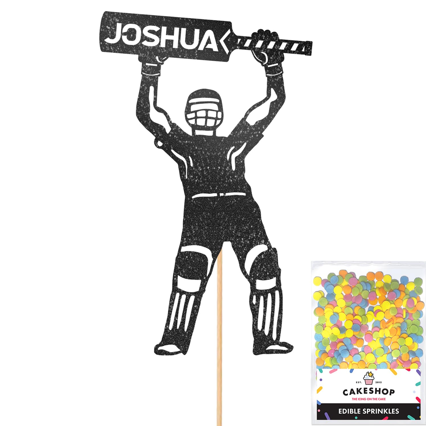 Personalised Cricket Batsmanl Glitter Cake Topper - Black Custom Name Glitter Cake Decoration and Sprinkles - Happy Birthday Decorations - Personalised Toppers for Cakes by Cakeshop