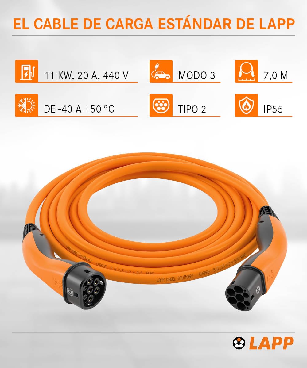Lapp Mobility EV Cable de Carga Tipo 2, 11 kW/Liso / 20 A/Trifásico/Cable de Carga para Coches eléctricos/Modo 3 / 7m