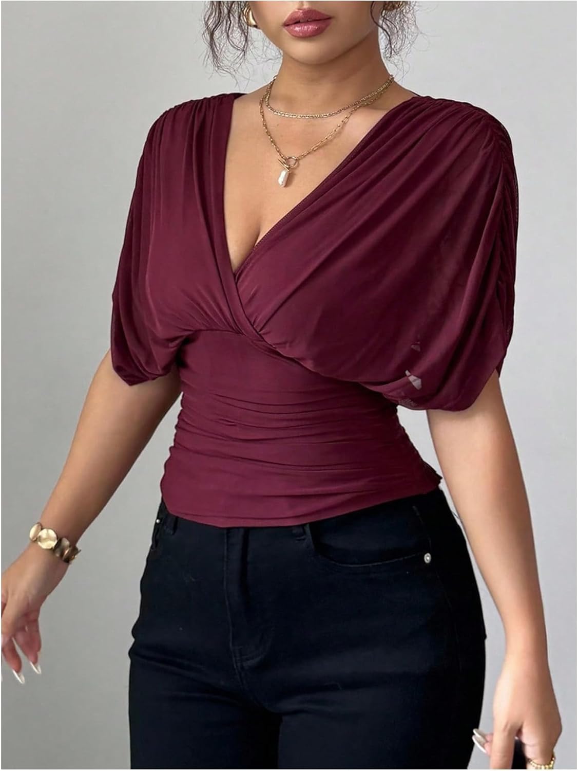 Milumia Women's Short Sleeve Ruched Mesh T Shirt Sexy V Neck Tie Back Cinched Waist Tops - Image 2