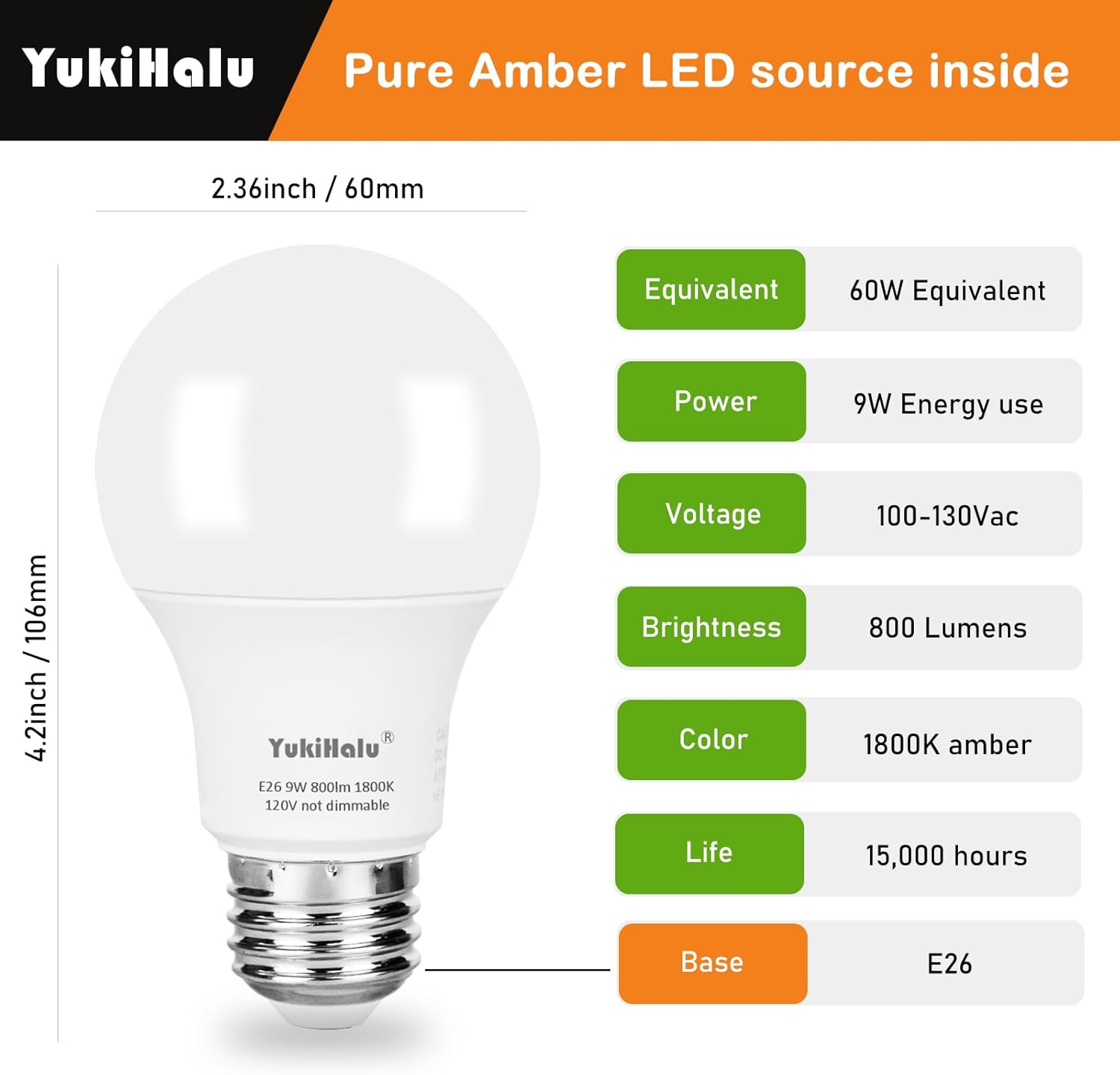 YukiHalu LED Amber Light Bulbs, A19 1800K E26 800Lm, 60W Equivalent Soft Warm Sleep Light Bulbs for Healthy Sleep, Baby Nursery Light, Bedroom Night Light, Not-Dim, 2-Pack
