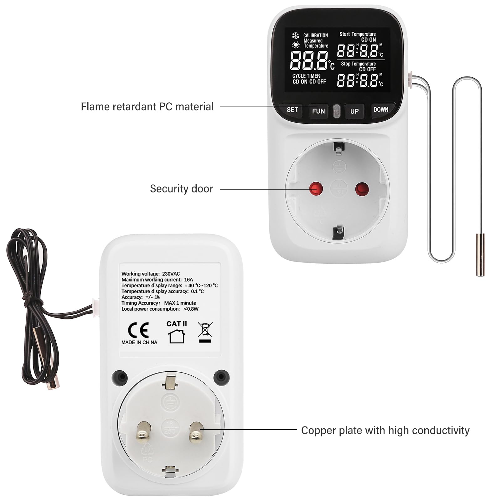 Temperaturregler Steckdose, 16A 220V Thermostat Steckdose, VA LCD-Display Digital Thermostat Steckdose, Thermostat Steckdosen für Gewächshaus Aquarium Kühlschrank Terrarium Inkubator (Weiß)