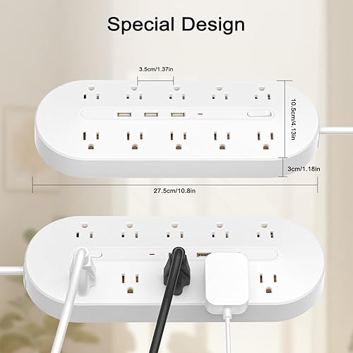 Miniatura 5 de Regleta de alimentación de enchufe plano, toma de corriente conmutada 13 en 1 con 10 tomas, 3 puertos USB, 6.5 pies, 13A3000 W, para el hogar,