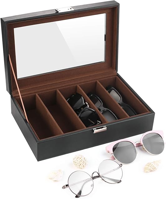 SHYOSUCCE 5 Slots Glasses Box with Clear Glass Top, PU Leather Sunglasses Organiser for Glasses, Sunglasses and Reading Glasse, Black(11.4x7.3x3.2 inch)
