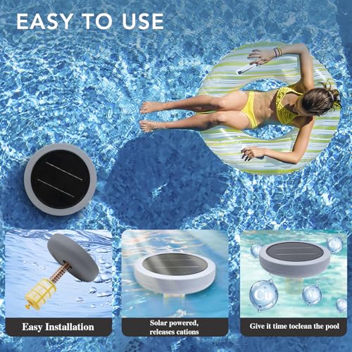 Solar Pool Ionizer - Enhanced with Latest Solar, 90% Less Chlorine, for Pools up to 45,000 Gal, Technology & Longer-Lasting Anode, Reduces Chlorine- Mineral-Based Pool Cleaning Device （Gray）