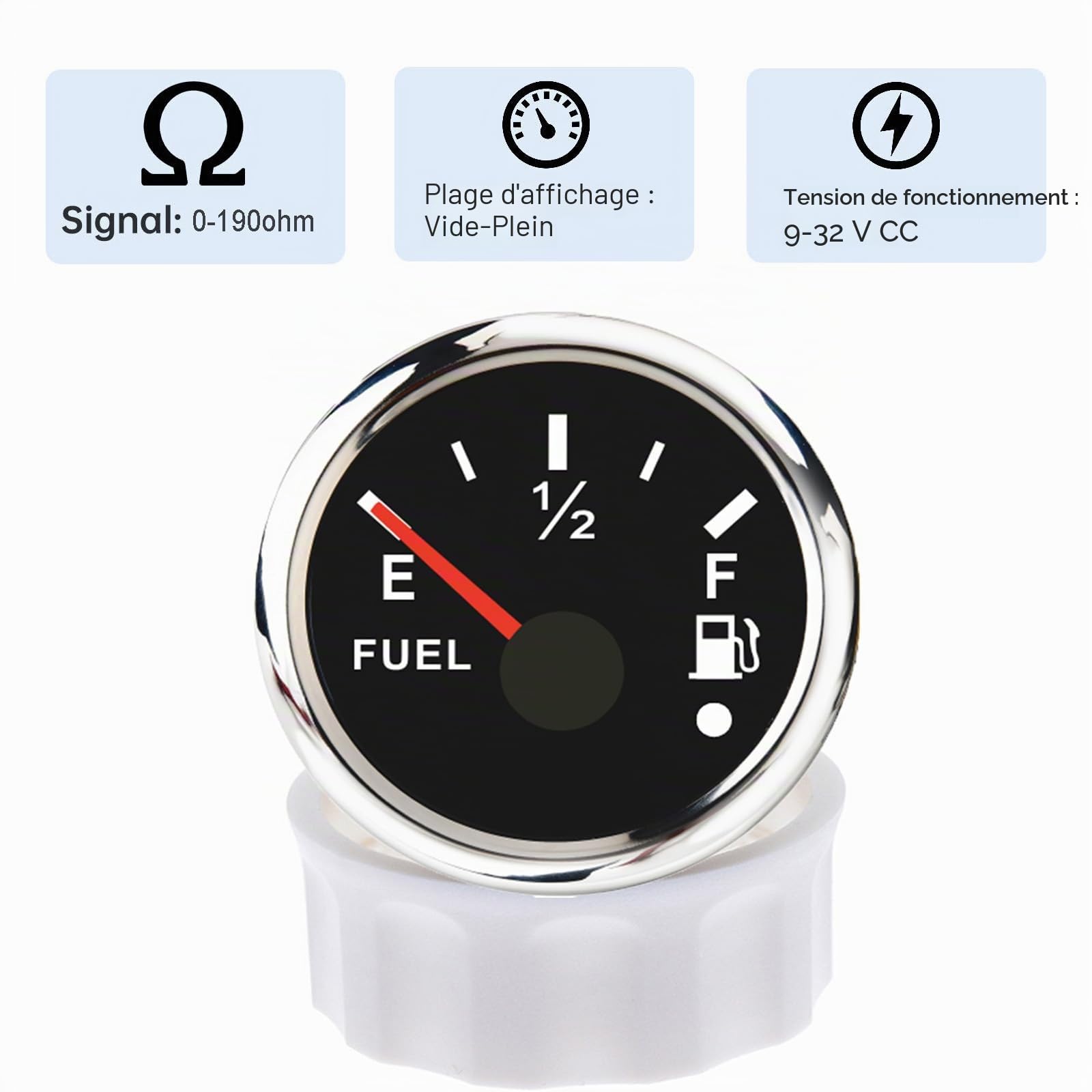 Geloo Jauge de Niveau de Carburant, 52 mm Indicateur de Niveau de Carburant Numérique étanche 0-190 ohm avec Alarme Lumineuse pour Voiture Bateau Yacht Camion