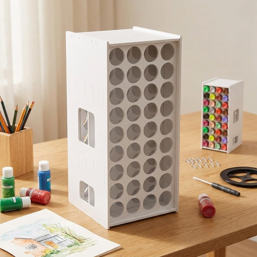 Rotating Paint Organizer 72-Hole White PVC Desk Storage Tower