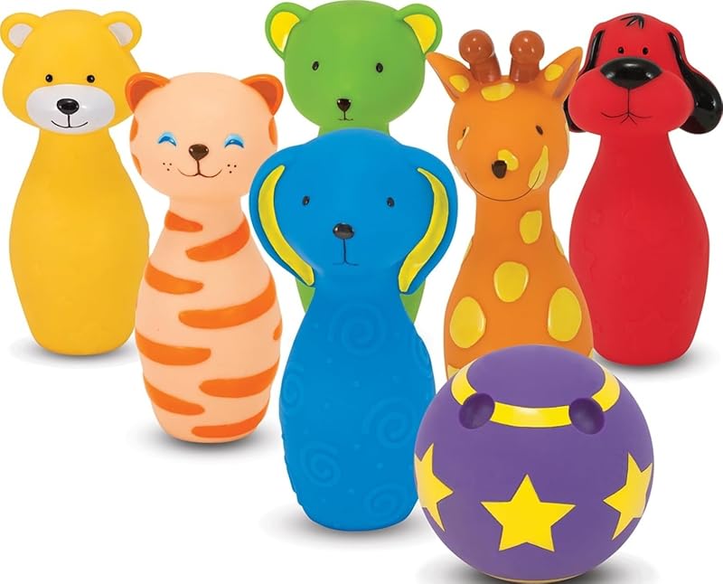 K's Kids Bowling Friends Juego y Juego con 6 Bolos y práctico Estuche de Transporte Juego de Bolos para Interiores y Exteriores, Bolos de Animales de plástico Suave, para Mayores de 2 años