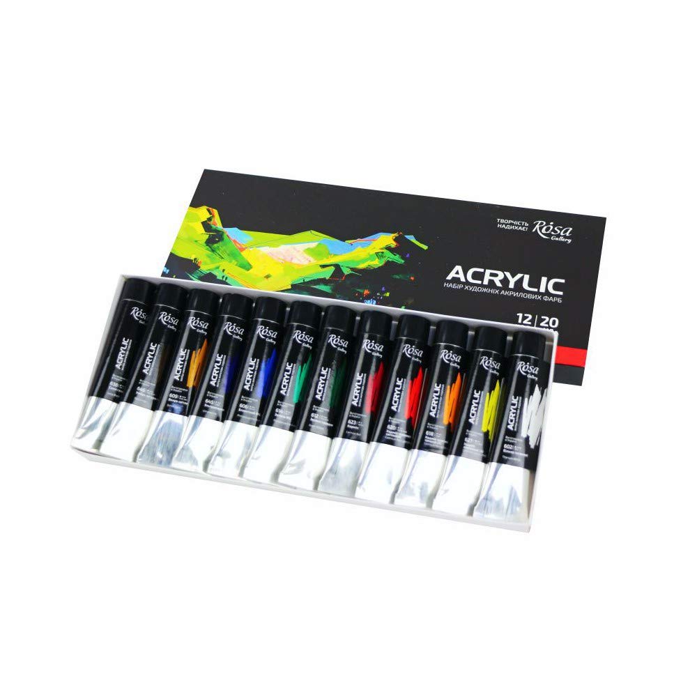 ROSA GALLERY Kit (Set) Pittura acrilica Professionale, Set da 12 Colori acrilici 20ml, su Tela, Legno, Argilla, Tessuto, Unghie, Ceramica e Artigianato, per Studenti e Professionisti