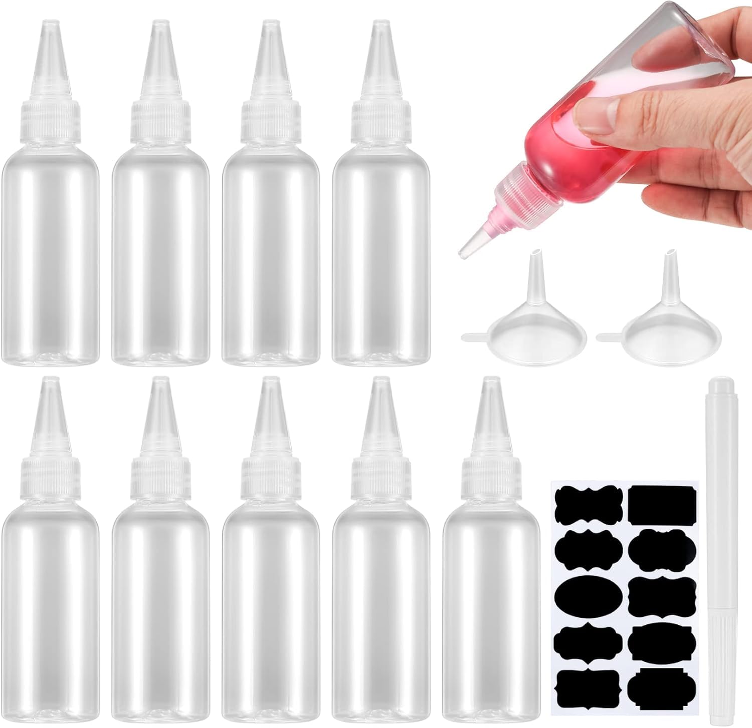 10 Pcs Small Squeeze Bottle, Plastic Squeeze Condiment Bottles, Squeeze Liquid Dropper Dispensing Bottles Containers for Sauce Lotion, with Funnels, Labels, Pen, (5 Pcs100ml+5 Pcs 60ml)