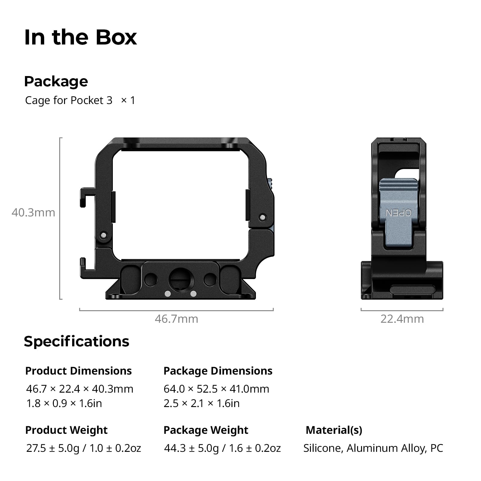 SMALLRIG Klatka rozszerzeń do DJI Osmo Pocket 3, odwracalny adapter montażowy z gwintem 1/4"-20, stopką typu „zimna stopka” i mocowaniem z 2 bolcami, konstrukcja zapewniająca pełny dostęp - 5607