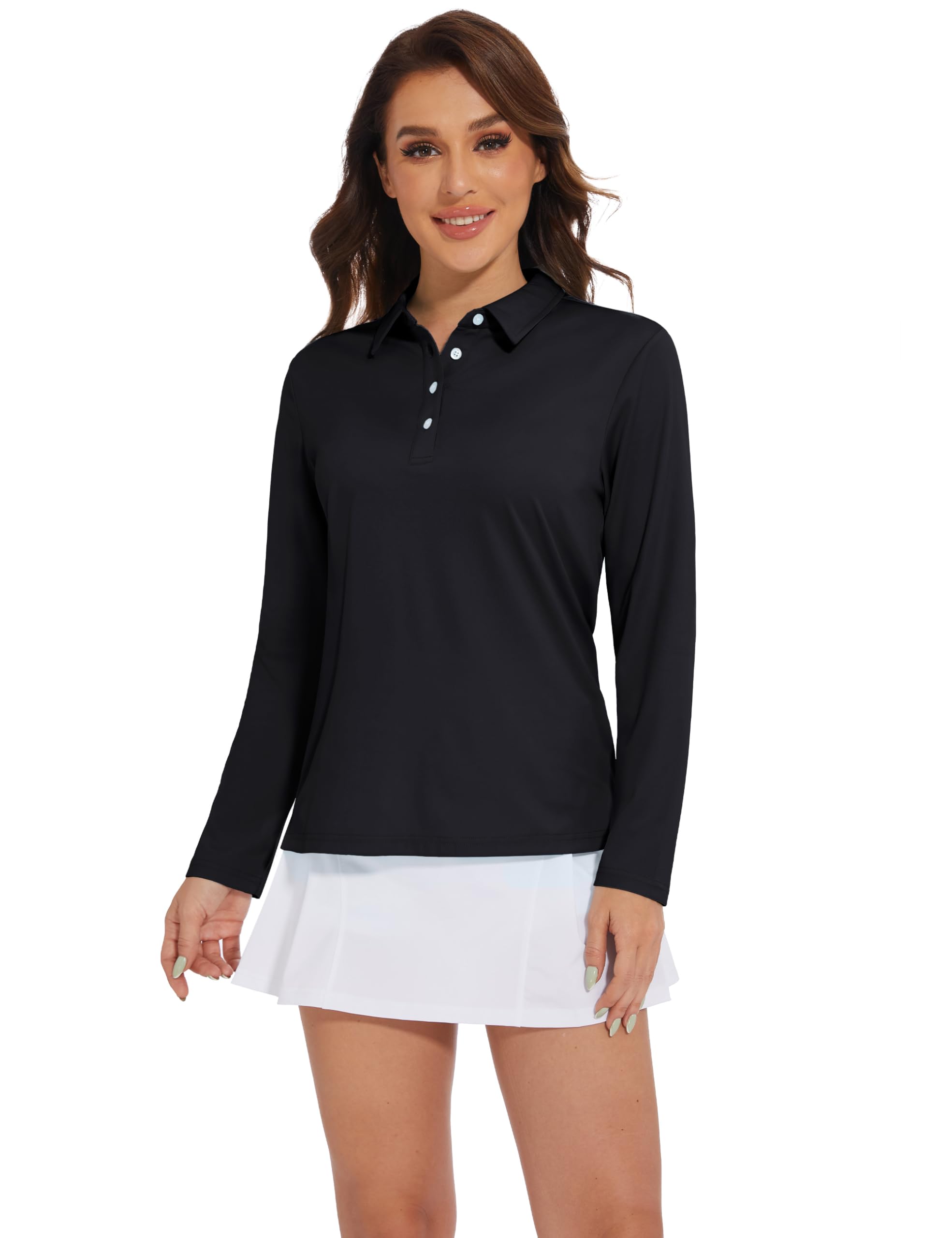 MAGCOMSEN Polo da donna a maniche lunghe, UPF 50+, da golf, ad asciugatura rapida, traspirante, funzionale, Nero , XXL