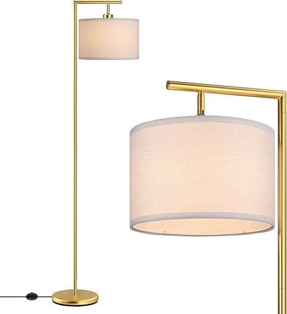 EDISHINE LED Floor Lamp, 63" Standing Lamp with Adjustable Linen Shade, Golden Metal Light Pole, Modern Simple Lamp for Living Room, Bedroom, Office, E27 Socket