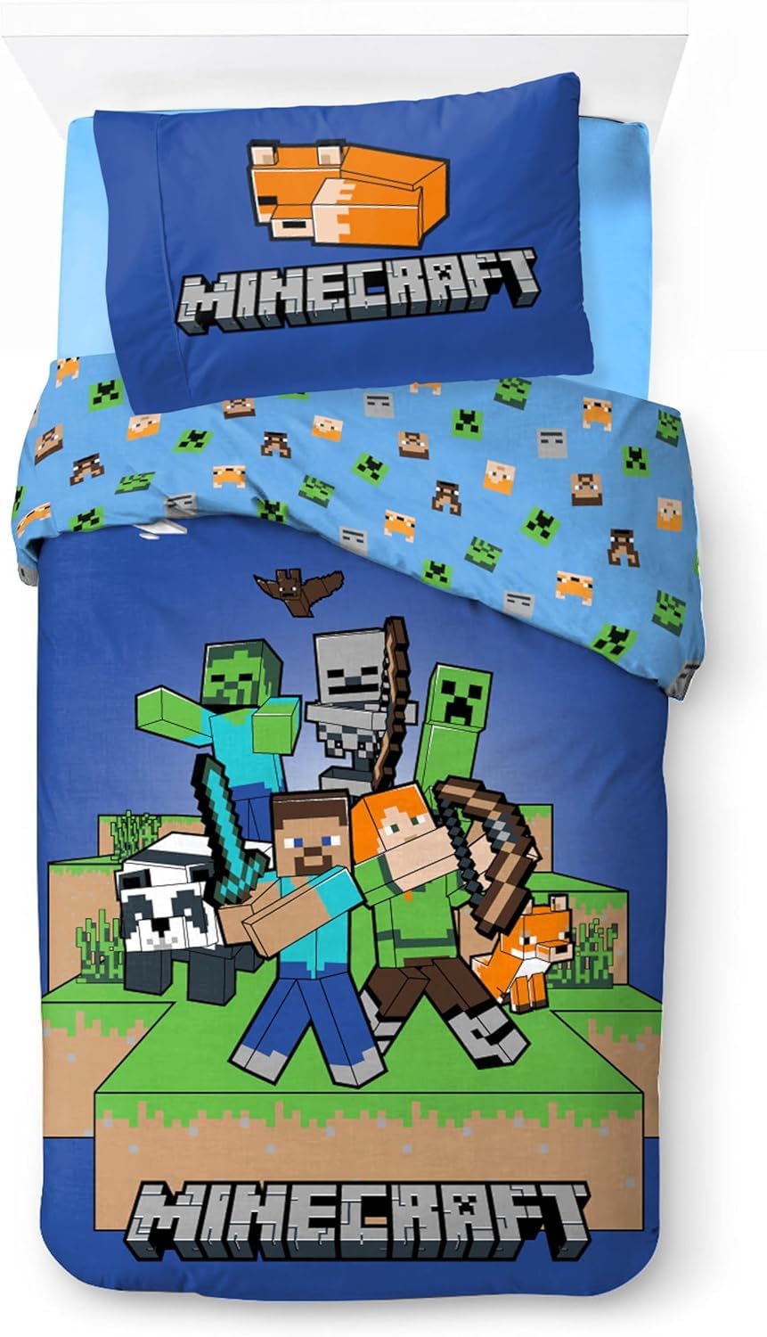 Minecraft Bedlinen Single Size | Duvet Cover 140x200 cm + Pillowcase 50x70 cm, 100% Cotton | Soft, Breathable & Reversible Bedding Set for Kids | Minecraft ''Ready to Survive'' Design