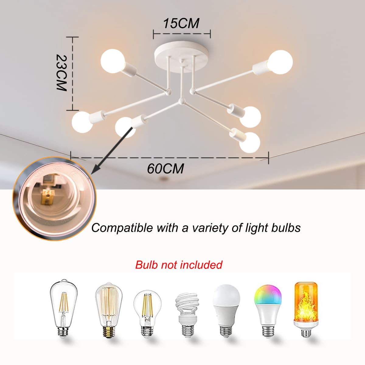 ZTWLEED Ceiling Light Vintage 6 Bulbs Industrial Ceiling Lamp White Ceiling Lamp E27 Shape Adjustable Chandelier Retro Sputnik Ceiling Light for Living Room Bedroom (Without Bulb) - Image 2