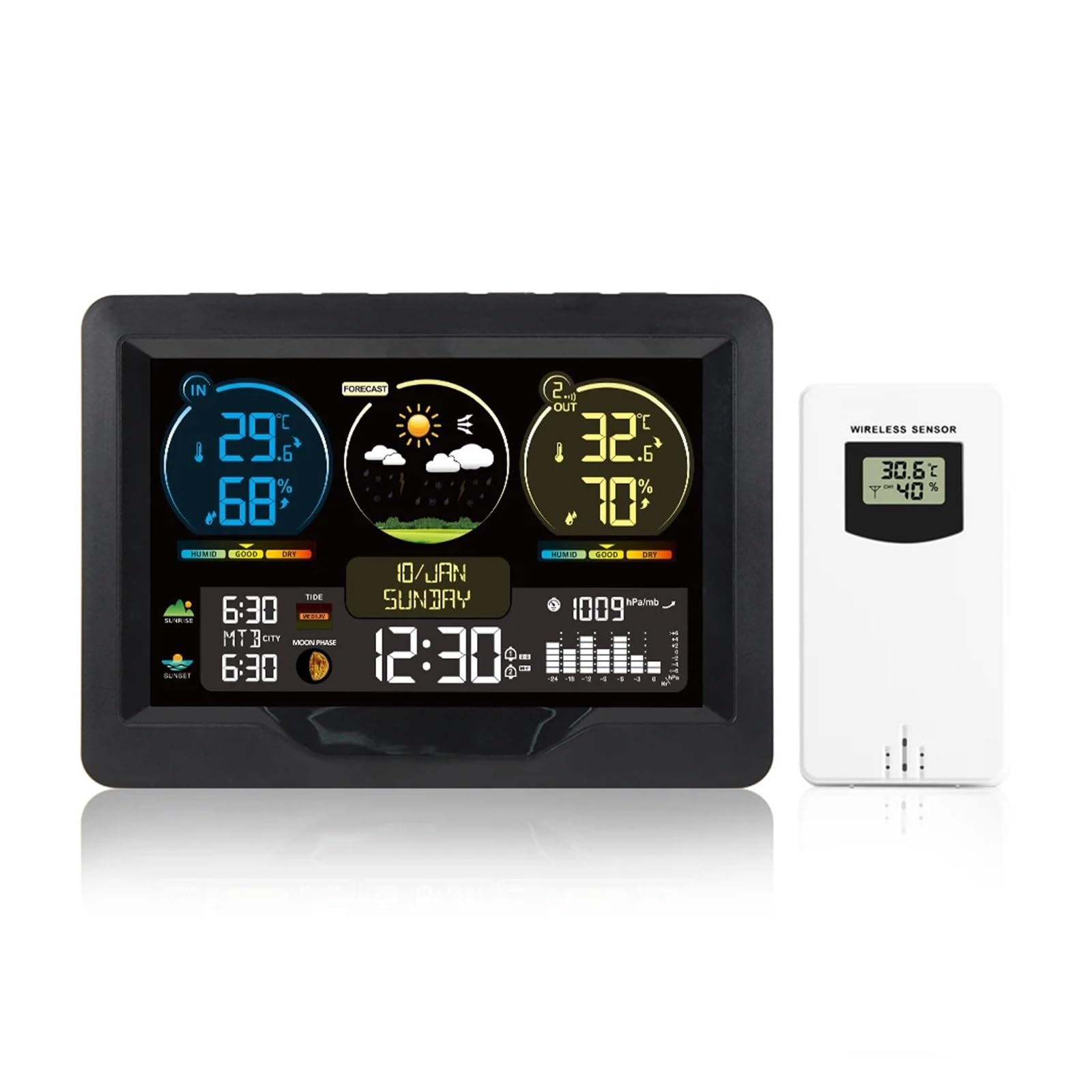 TIEOAXFT Wireless Weather Station Digital Home Temperature Humidity Meter Sun Time Tide Moon Phase Barometer Clock Forecast Trend Sesnor