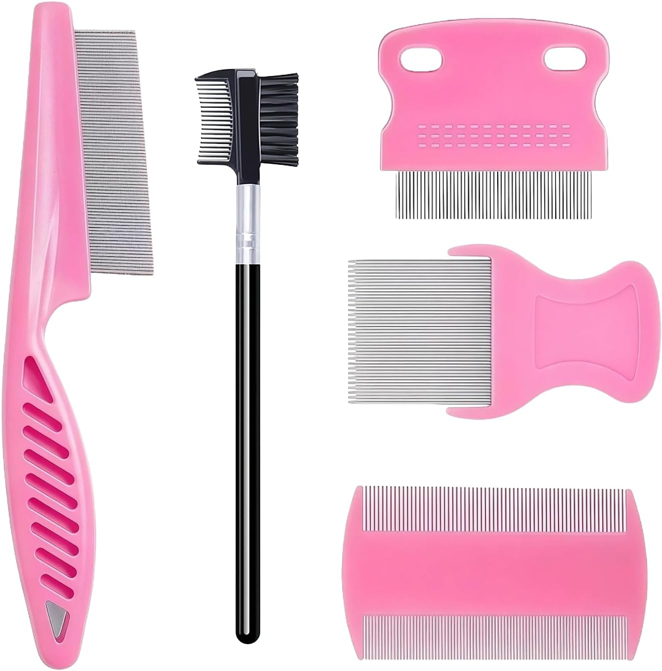 5 Pack Flea & Lice Comb Set for Cats, Dogs & Kids – Stainless Steel Fine Tooth Nit Comb Kit with Double-Sided Tear Stain Remover, Grooming Brush & Peine para Piojos for Thick Hair (Pink)
