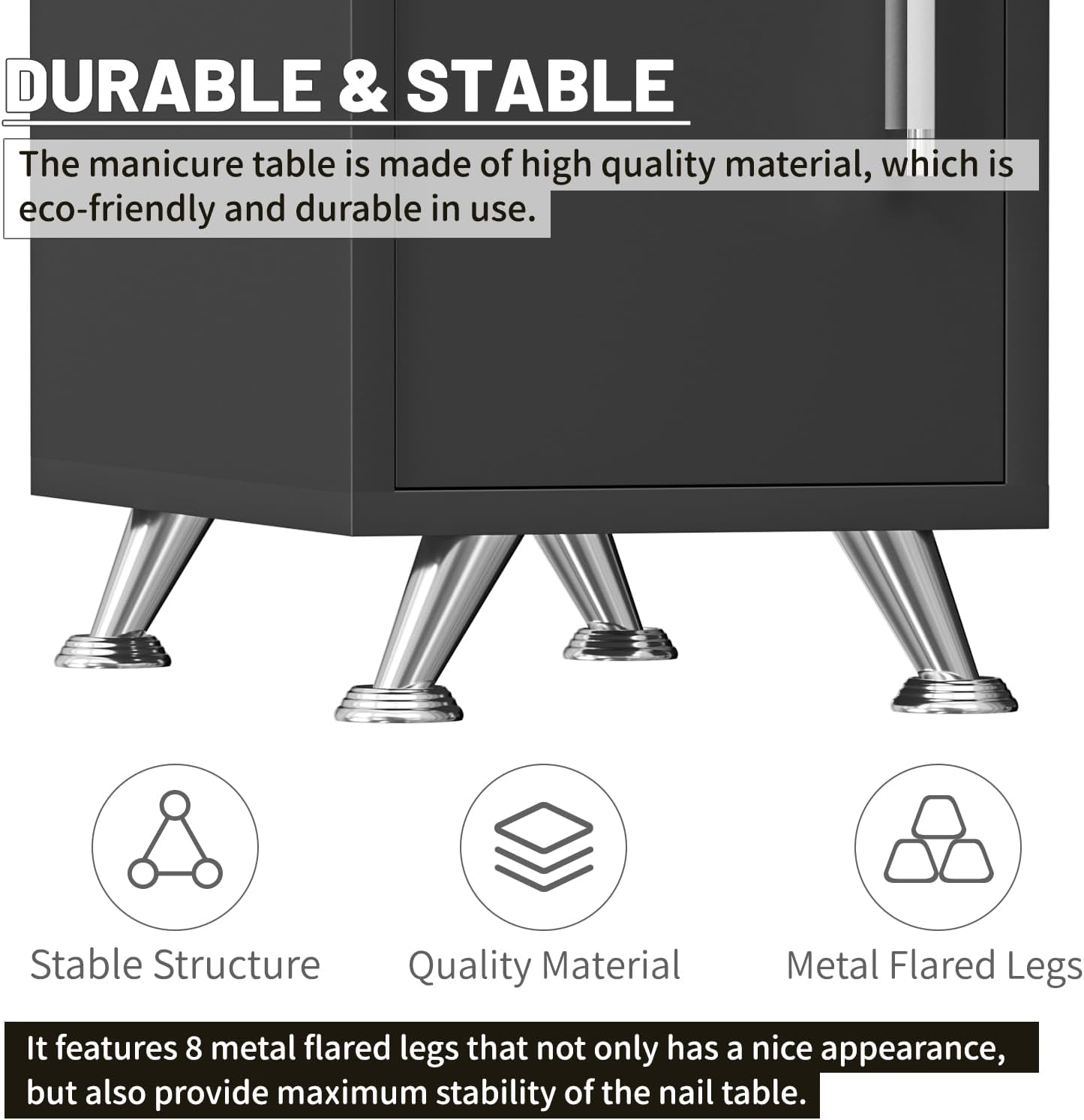 Manicure Table Black Nail Desk Station for Nail Teck Acetone Resistant Nail Table with Extended Drawers & Cabinets & Wrist Cushion