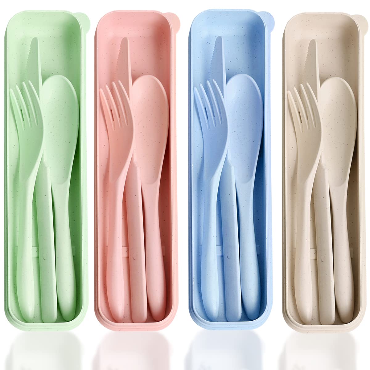 OKAYMARTReusable Utensil Set with Case,Reusable Travel Flatware,Wheat Straw Silverware Including Knife Spoon Fork and Chopsticks 4 Sets for Travel Picnic Camping or Daily Use(Green,Beige,Pink,Blue)