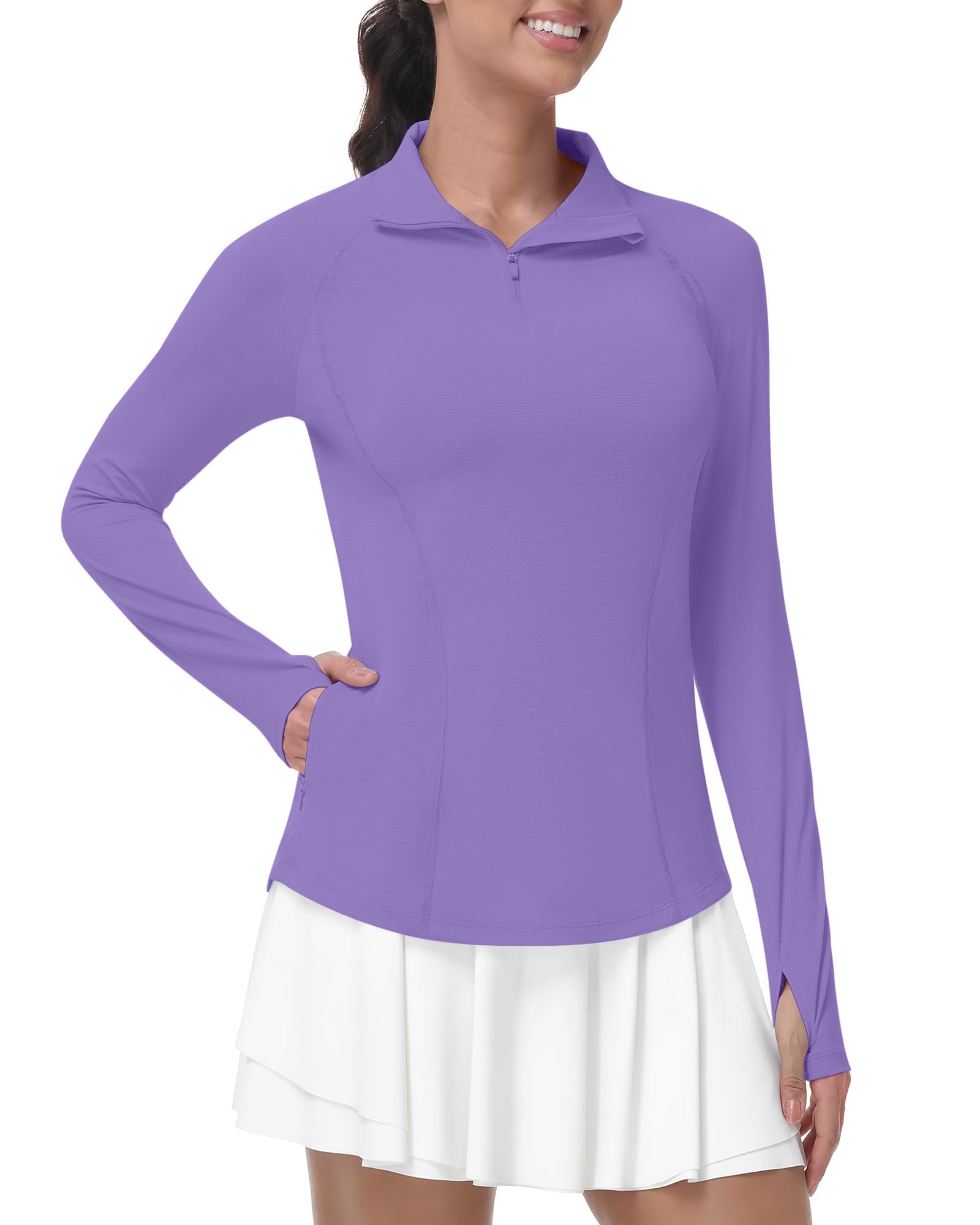 Runhit UV Shirt Damen Langarm UPF 50+ Sonnenschutz Sportshirt, Atmungsaktives Funktionsshirt mit 1/4 Reißverschluss Daumenloch & Taschen, Schnelltrocknendes Laufshirt für Gym Fitness Yoga & Outdoor