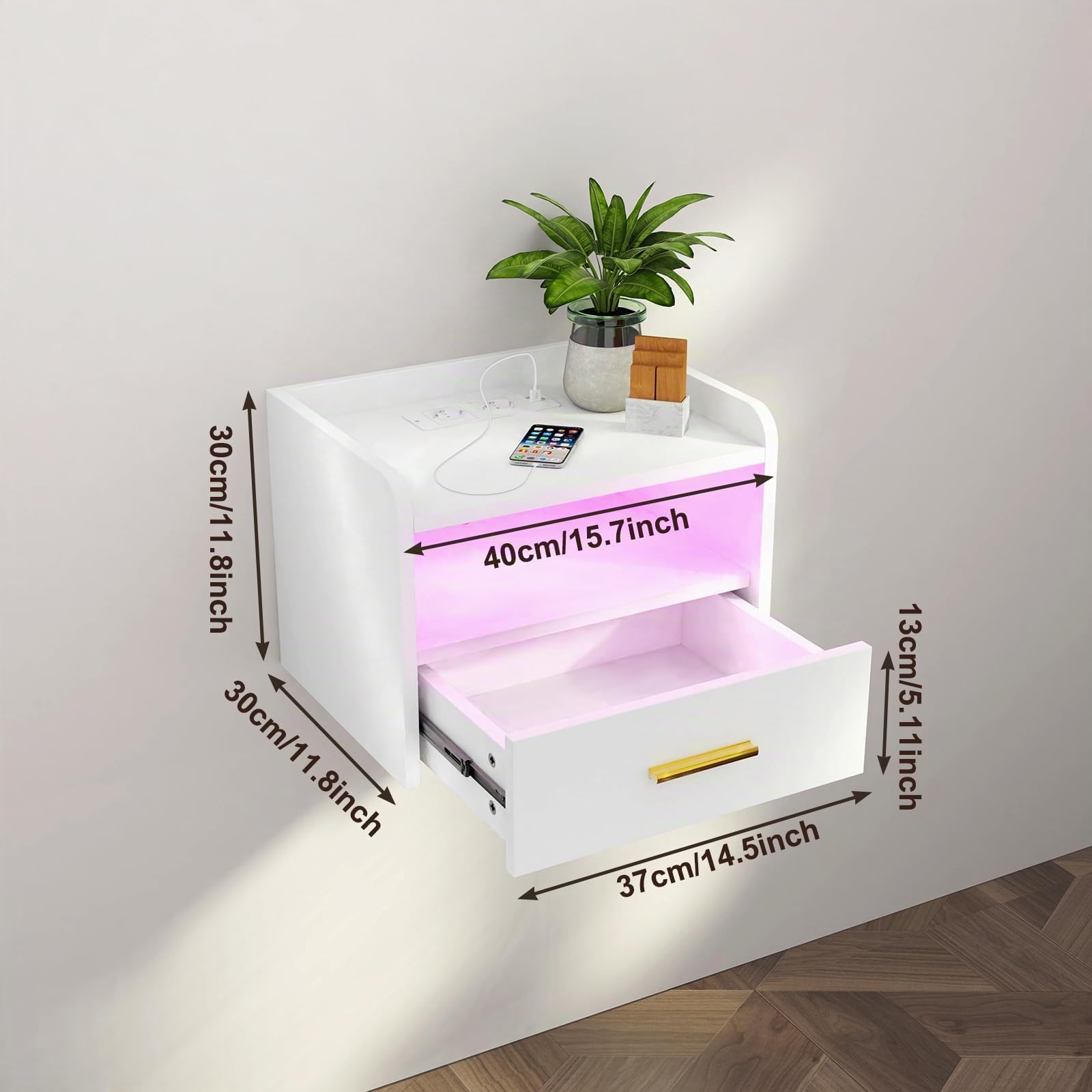 Nachttisch wandmontage, Nachtschrank Hängend, Offenes Fach Und Einer Schublade, 2 USB Anschlüsse, 2 Steckdosen, 16 Farben LED Nachttisch mit Ladestation 40x30x30cm
