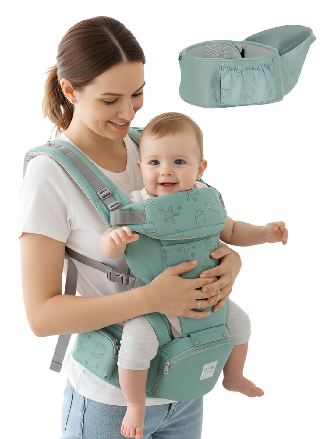 POLKA TOTS 6 in 1 Baby Carrier Detachable Hip Seat, Ergonomic Convertible Cushioned Toddlers Carry Bag Strong Back Adjustable Soft Kangaroo Waistbelt 3 to 36 Months Infants (Shell Green)-image-42