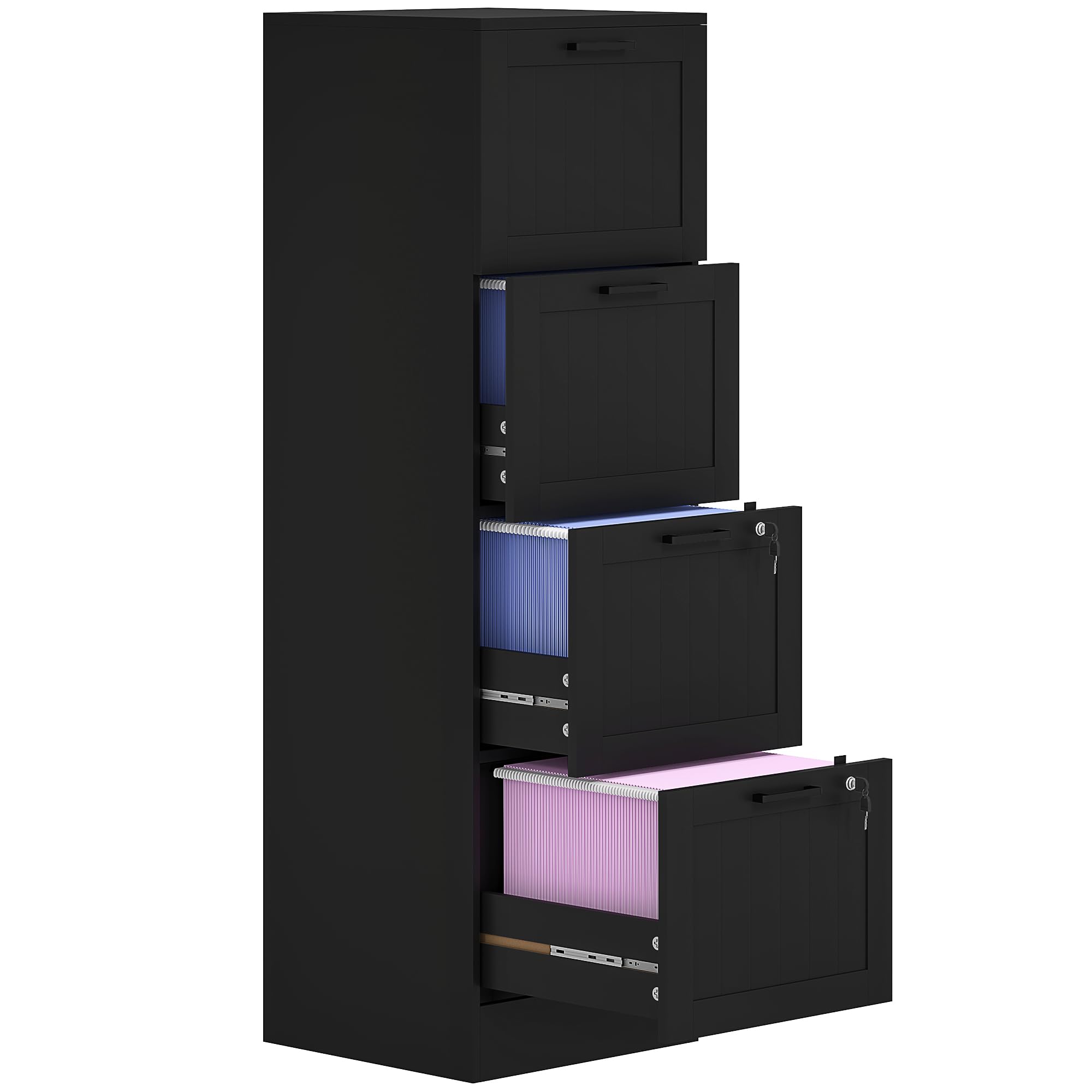 HOMCOM Classeur 4 tiroirs avec Rail réglable, 2 clés et 2 serrures, classeur de Bureau en MDF pour dossiers A4 et Lettre, 40x40x131 cm, Noir