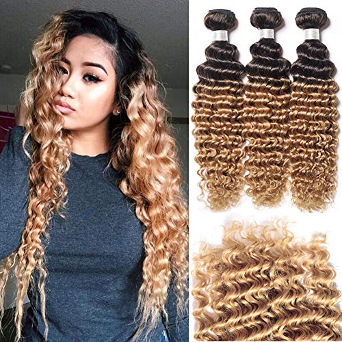 8A Soft Brazilian Virgin Hair Ombre Deep Wave Bundles Weave 2 Tone Dark Root to Honey Blonde Human Hair Extension 1B/27 Ombre Deep Curly Human Hair 3 Bundles (20 22 24, 1B/27)