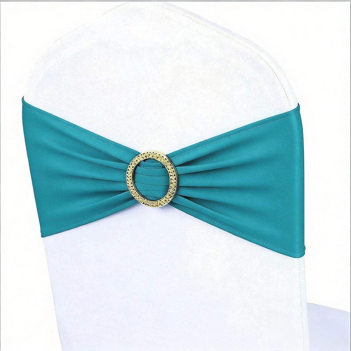 Turquoise Chair Sashes 50 Pack, Spandex Turquoise Chair Bows with Gold Buckle for Wedding Decoration, Teal Chairs Bands for Party Banquet Gender Reveal Décor