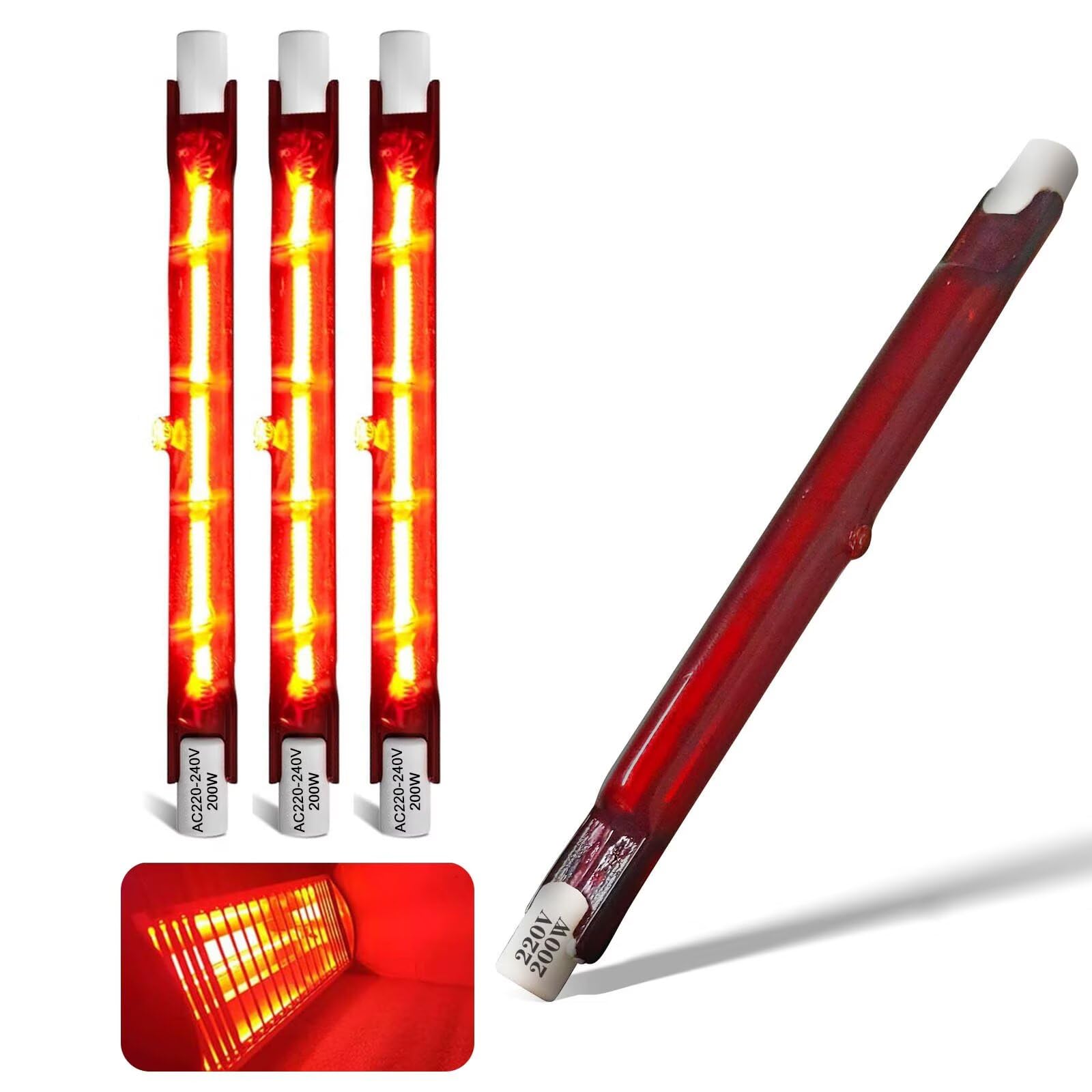 Infrared Heat Bulb 200W, Infrared Quartz Heater Halogen Bulb Dimmable, 200W 118mm R7S Heating Light Bulbs, 200lm, AC 220V Ruby Heater Bulbs for Heatmaster U3, No Flicker, 360° Beam Angle, 4 Packs