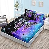 HOSIMA Butterfly Twin Fitted Sheet Set with 2 Pillowcases, Mandala Aesthetics Fantasy Starry Sky Galaxy Purple Butterfly Bed Set Room Decor, Blue and Black Twin Bedding for Girls Women Teens