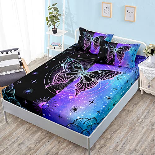 HOSIMA Butterfly Twin Fitted Sheet Set with 2 Pillowcases, Mandala Aesthetics Fantasy Starry Sky Galaxy Purple Butterfly Bed Set Room Decor, Blue and Black Twin Bedding for Girls Women Teens