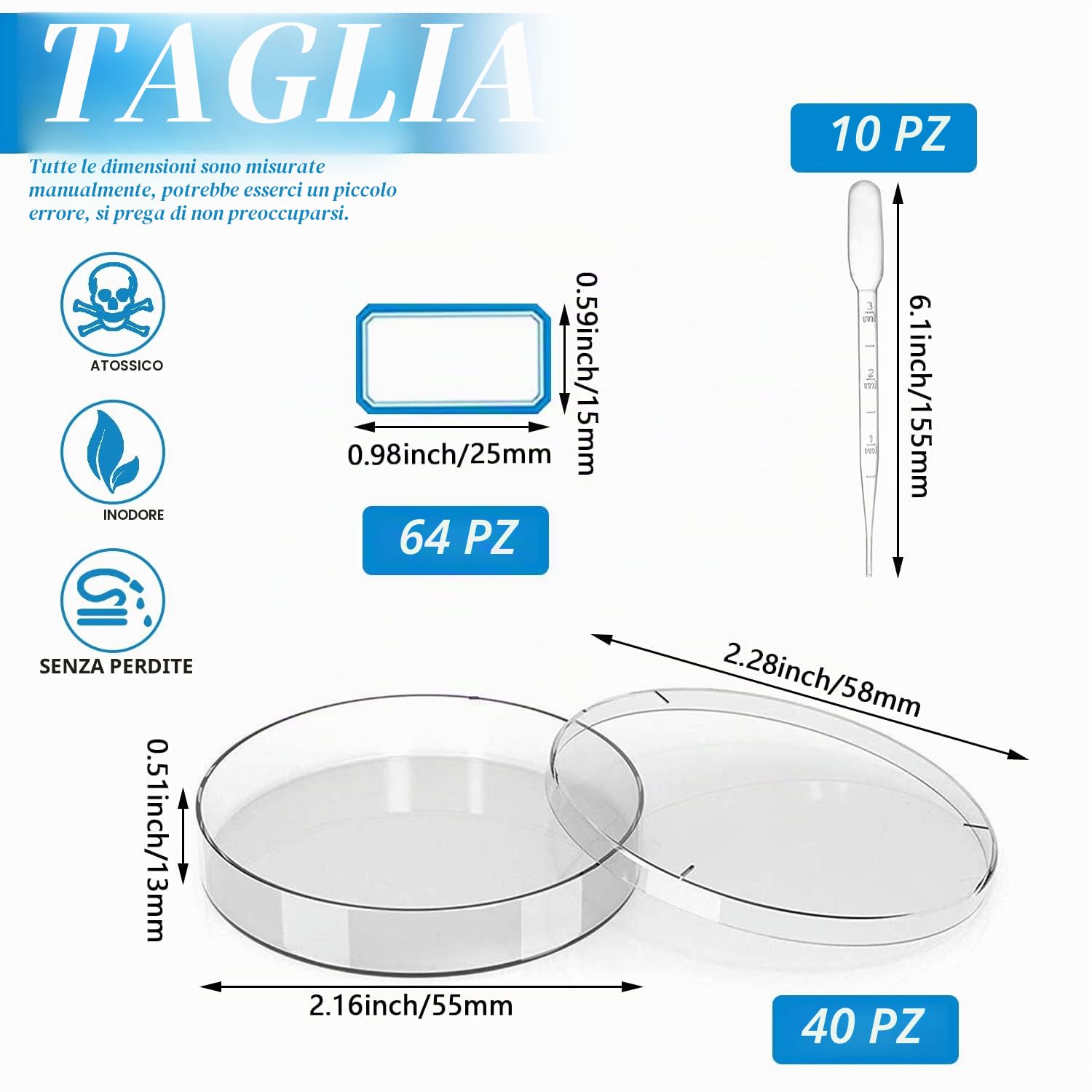 Petri Dishes 55mm x 13mm Sterile Piastra Petri in Plastica Trasparente 40 Pezzi con Contagocce