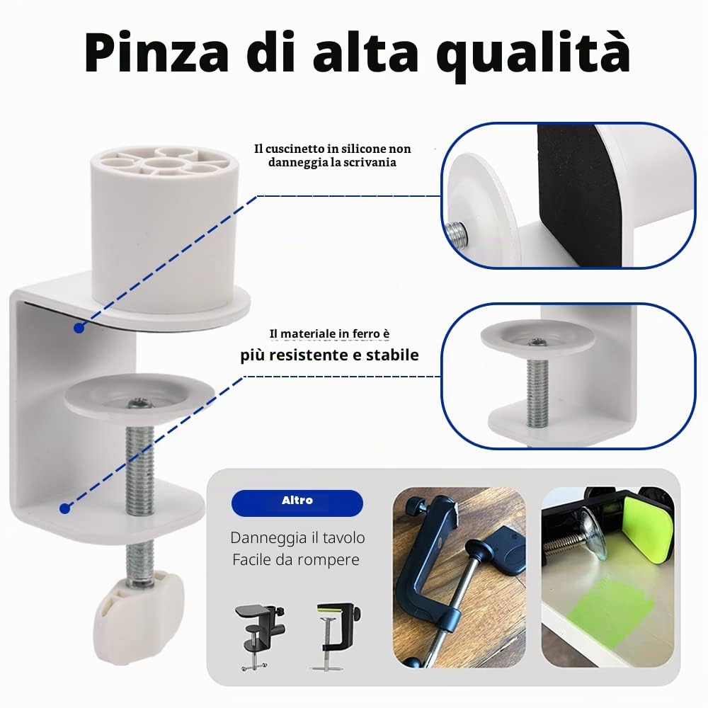 BOMGE Supporto per microfono a braccio braccio, regolabile, resistente, con supporto a forbice con canali di gestione dei cavi, morsetto da scrivania per podcast, streaming, giochi(bianco)